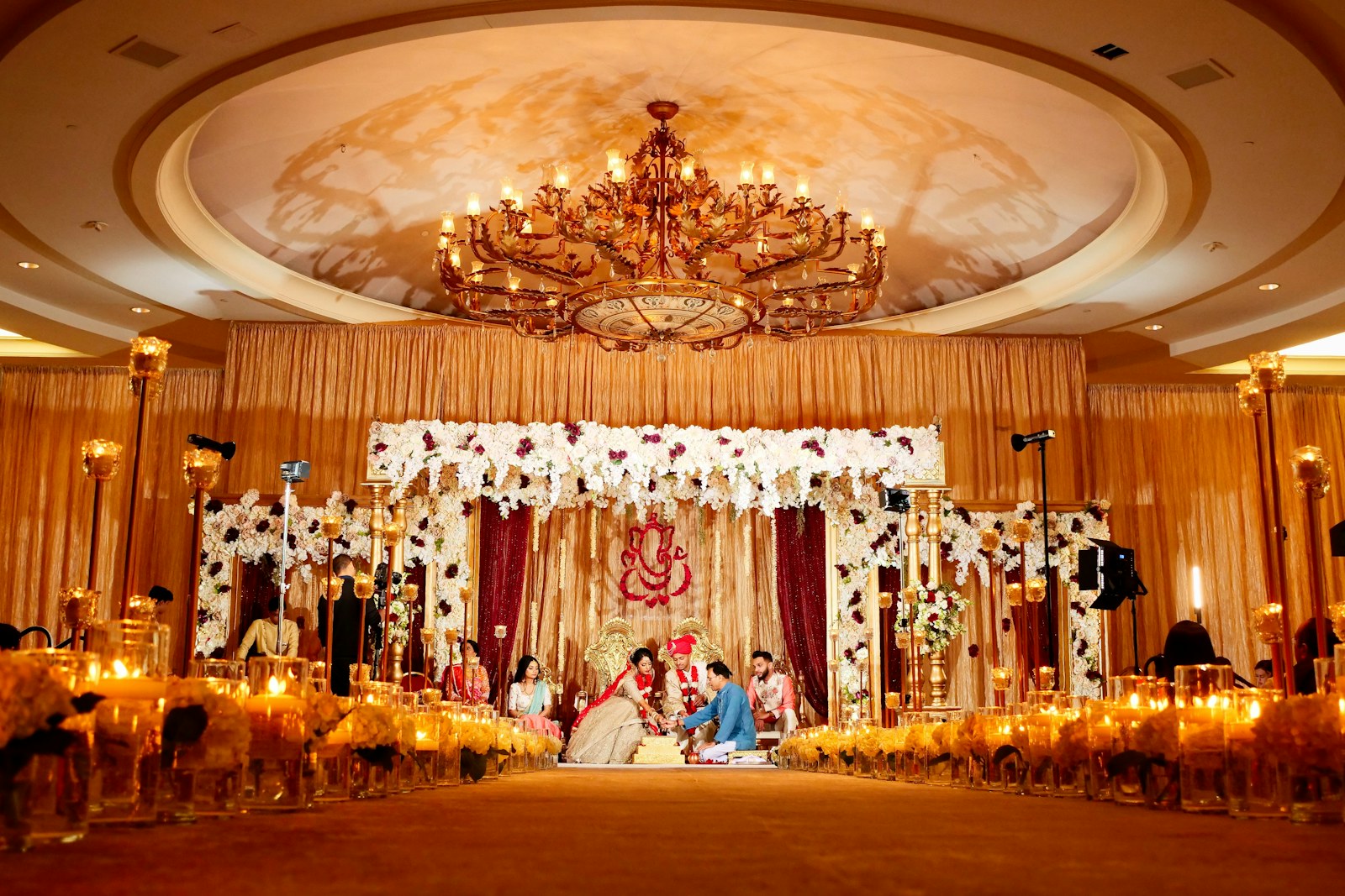 Gold and white floral ceiling at an Indian wedding