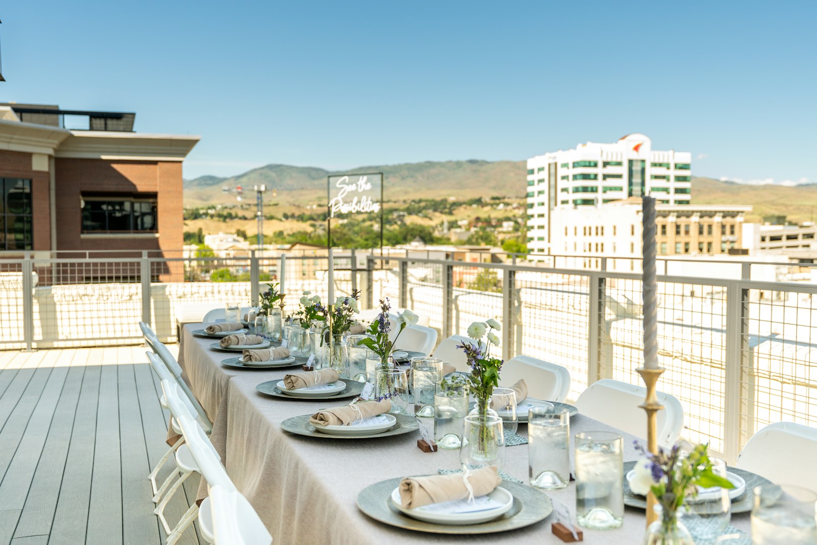Rooftop dining table set for a corporate event