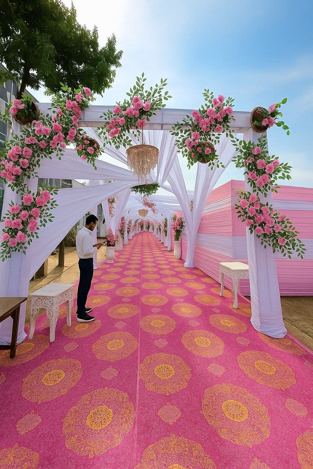 Elegant wedding mandap with floral décor